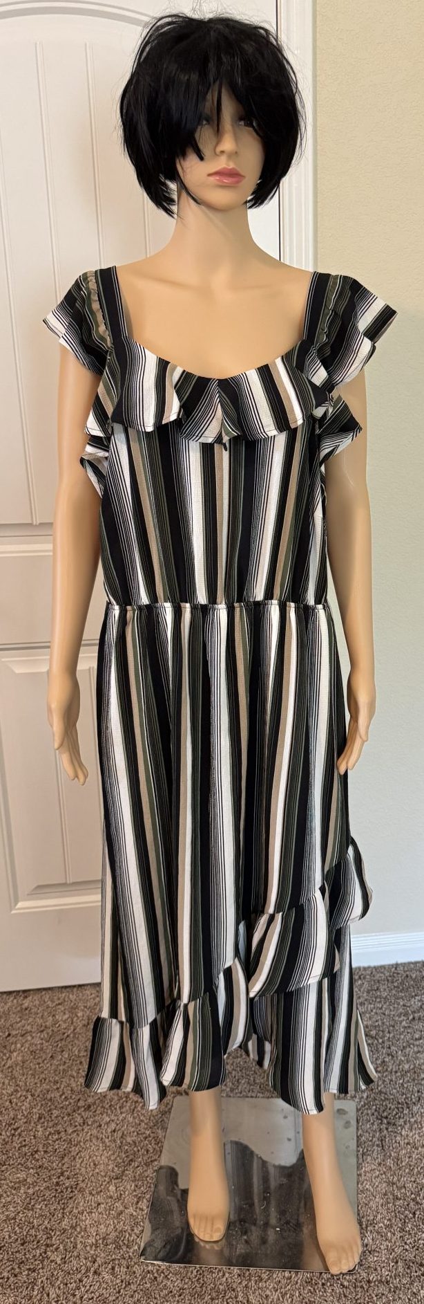 MONTEAU Womens Green Ruffled Striped Sleeveless Scoop Neck Tea Length Hi-Lo Dress Plus Size: 2X